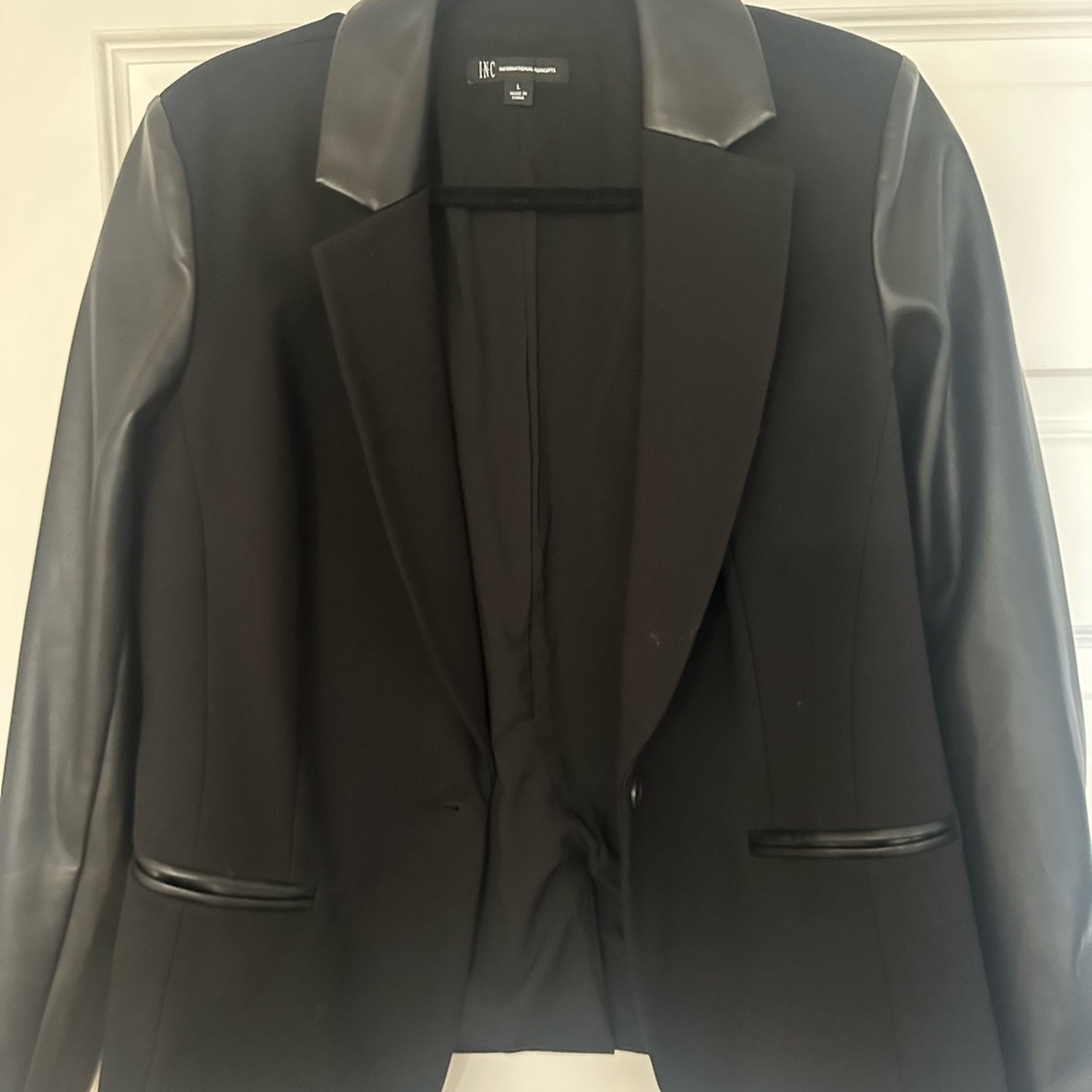 INC International Concepts Black Blazer with Faux Leather Accents